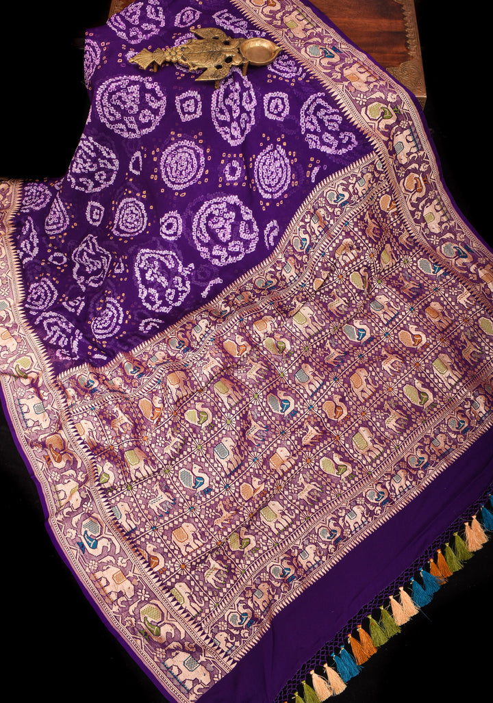 Purple Authentic Sarkam Bandhej Silk Georgette Saree with Shikargah meenakari  border | SILK MARK CERTIFIED