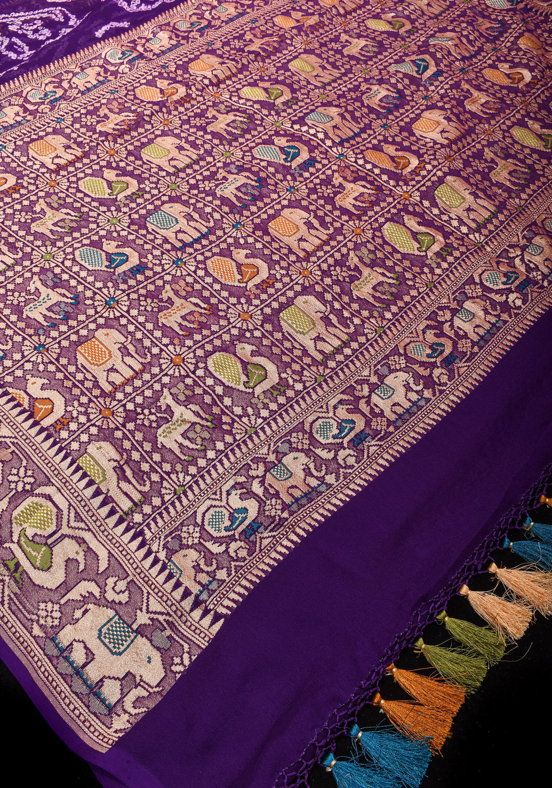 Purple Authentic Sarkam Bandhej Silk Georgette Saree with Shikargah meenakari  border | SILK MARK CERTIFIED