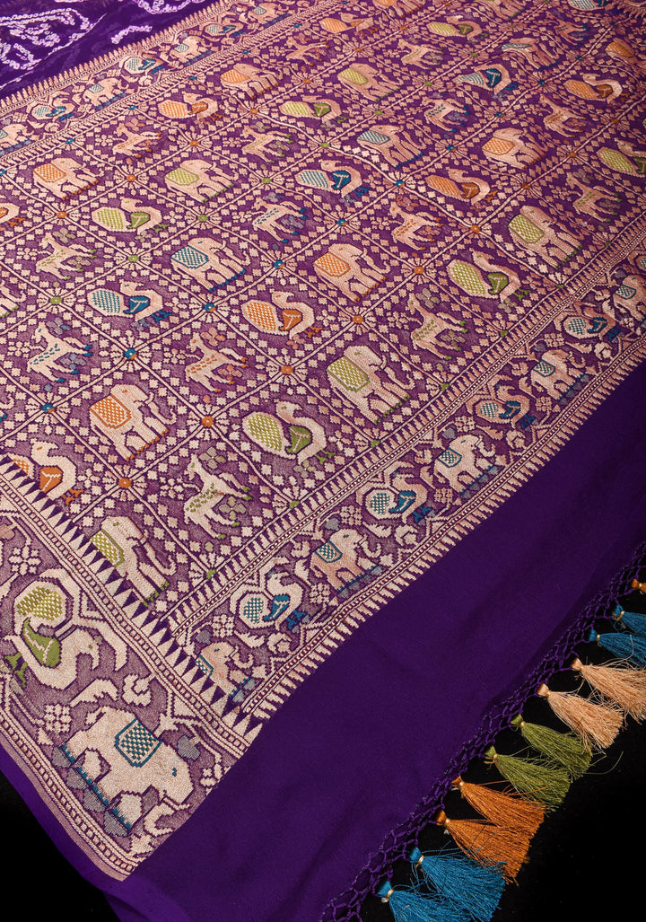 Purple Authentic Sarkam Bandhej Silk Georgette Saree with Shikargah meenakari  border | SILK MARK CERTIFIED