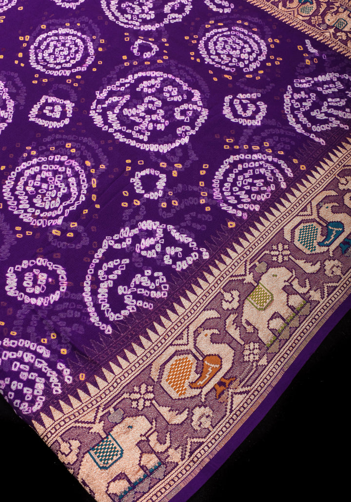 Purple Authentic Sarkam Bandhej Silk Georgette Saree with Shikargah meenakari  border | SILK MARK CERTIFIED