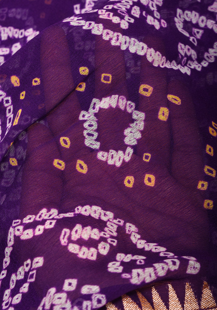 Purple Authentic Sarkam Bandhej Silk Georgette Saree with Shikargah meenakari  border | SILK MARK CERTIFIED