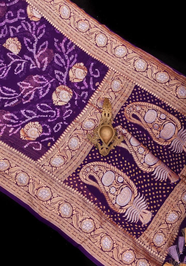 Purple Authentic Sarkam Bandhej Silk Georgette Saree with Alfi Sona Rupa Border and buttas | SILK MARK CERTIFIED