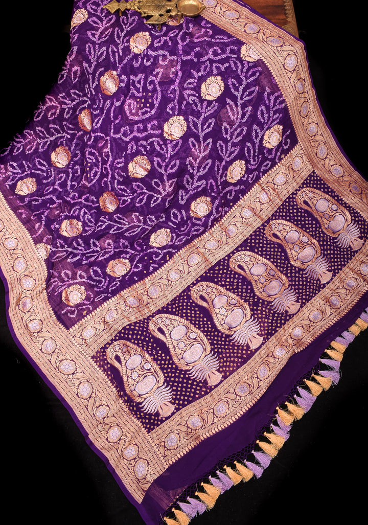 Purple Authentic Sarkam Bandhej Silk Georgette Saree with Alfi Sona Rupa Border and buttas | SILK MARK CERTIFIED