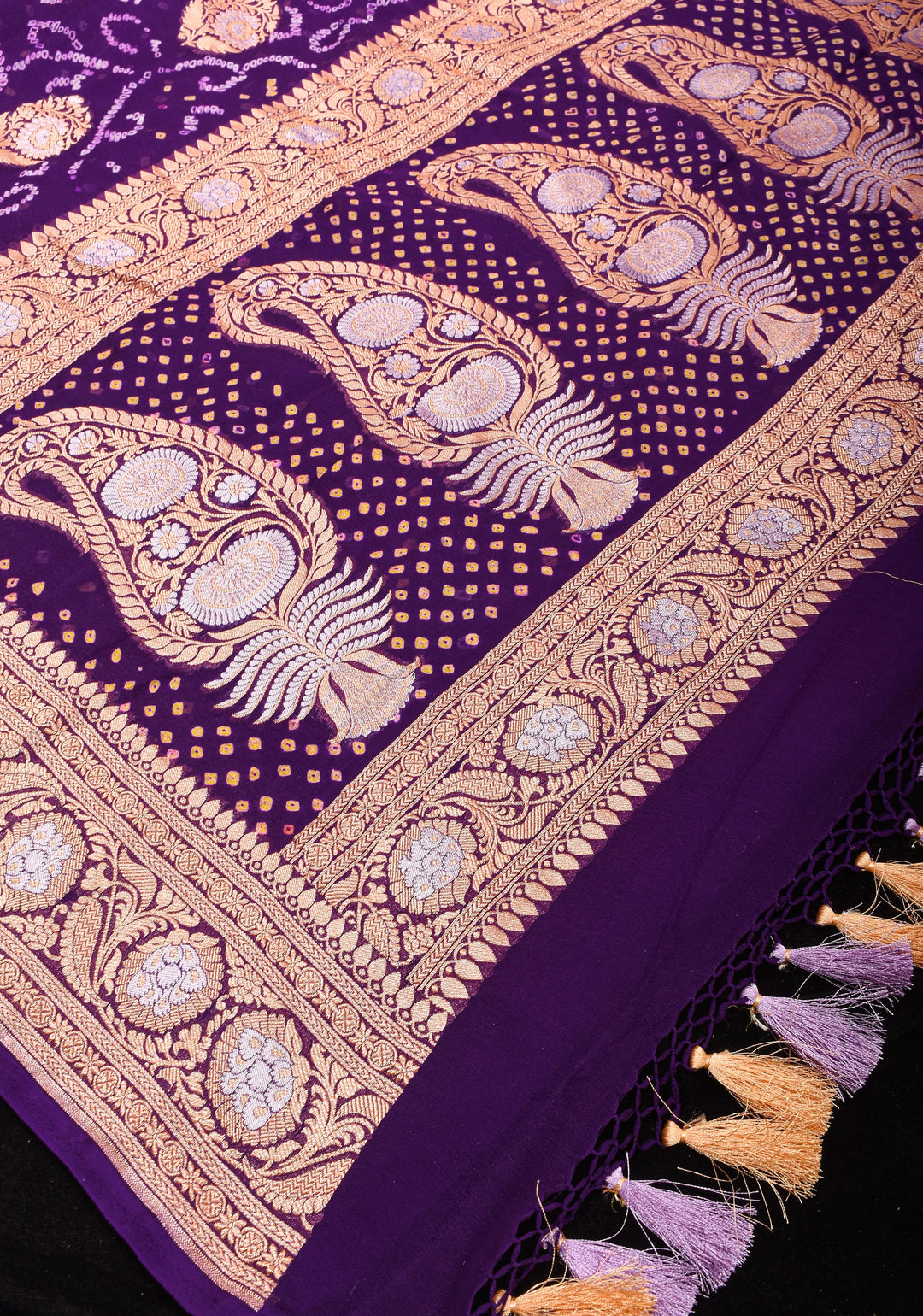 Purple Authentic Sarkam Bandhej Silk Georgette Saree with Alfi Sona Rupa Border and buttas | SILK MARK CERTIFIED
