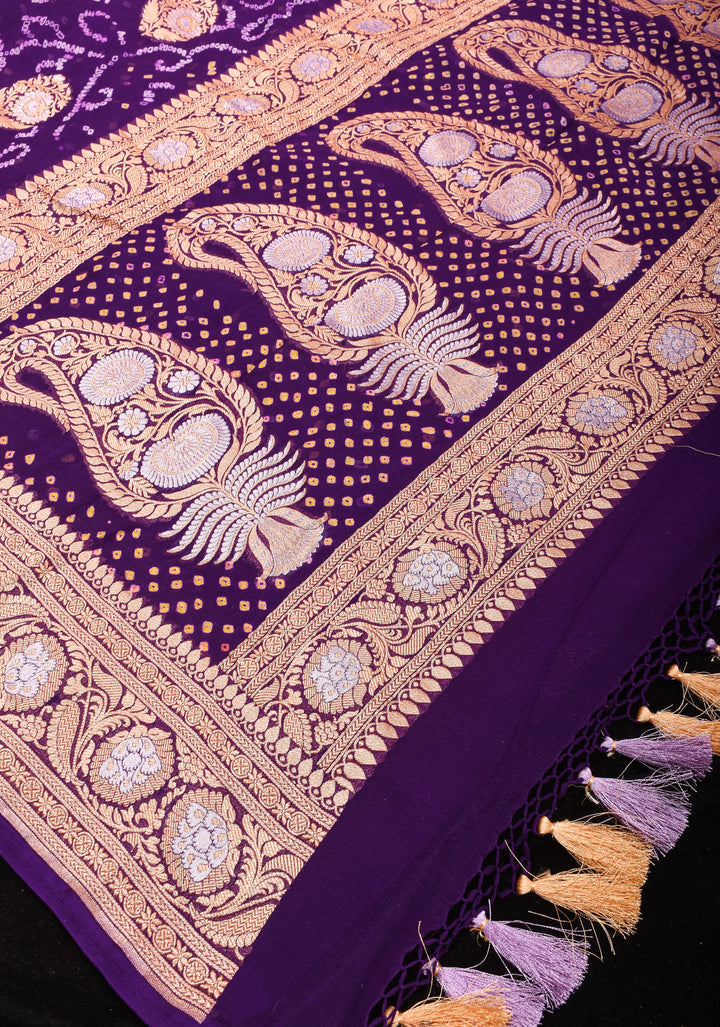 Purple Authentic Sarkam Bandhej Silk Georgette Saree with Alfi Sona Rupa Border and buttas | SILK MARK CERTIFIED