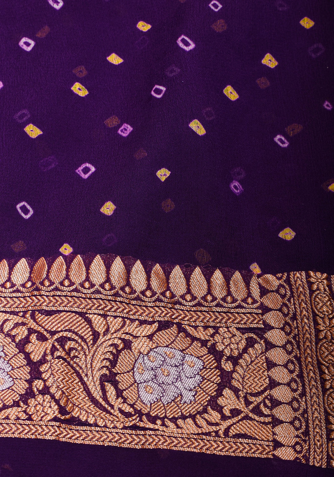 Purple Authentic Sarkam Bandhej Silk Georgette Saree with Alfi Sona Rupa Border and buttas | SILK MARK CERTIFIED