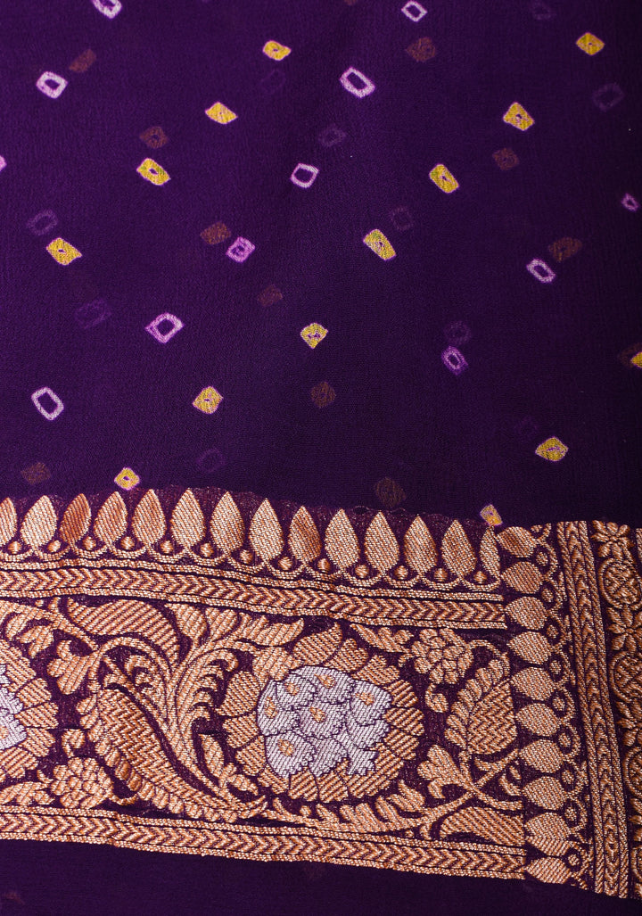 Purple Authentic Sarkam Bandhej Silk Georgette Saree with Alfi Sona Rupa Border and buttas | SILK MARK CERTIFIED