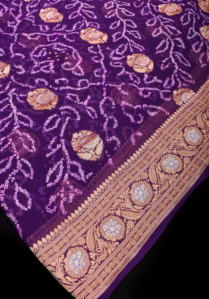 Purple Authentic Sarkam Bandhej Silk Georgette Saree with Alfi Sona Rupa Border and buttas | SILK MARK CERTIFIED