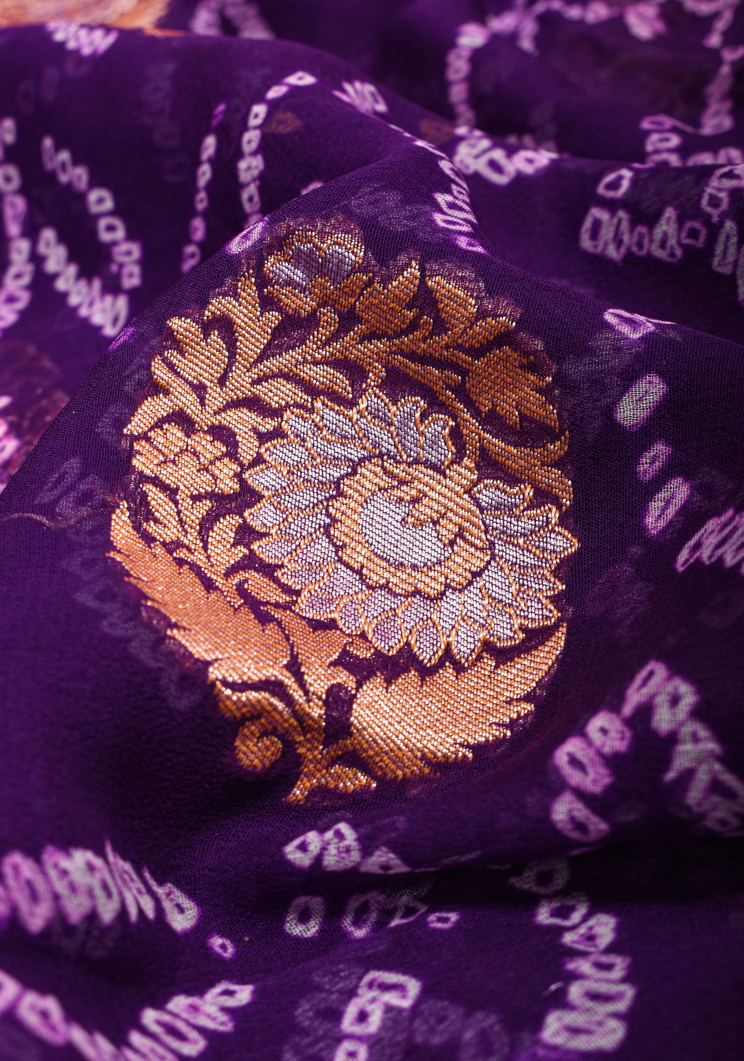 Purple Authentic Sarkam Bandhej Silk Georgette Saree with Alfi Sona Rupa Border and buttas | SILK MARK CERTIFIED