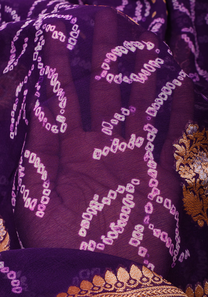 Purple Authentic Sarkam Bandhej Silk Georgette Saree with Alfi Sona Rupa Border and buttas | SILK MARK CERTIFIED