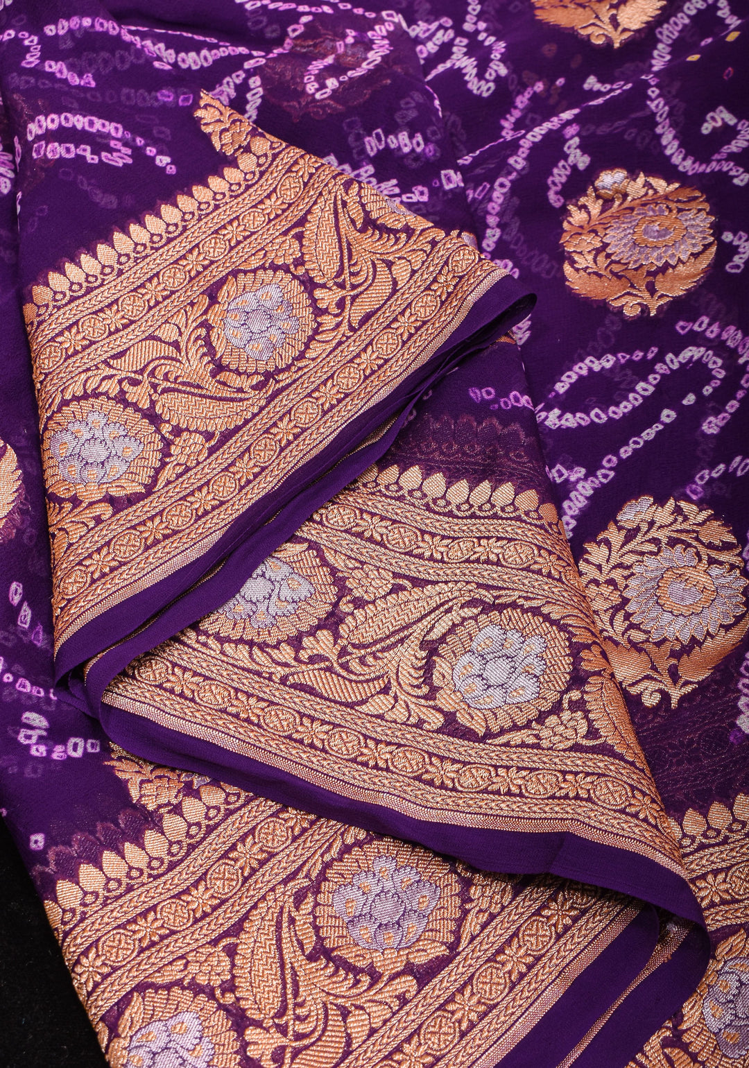 Purple Authentic Sarkam Bandhej Silk Georgette Saree with Alfi Sona Rupa Border and buttas | SILK MARK CERTIFIED