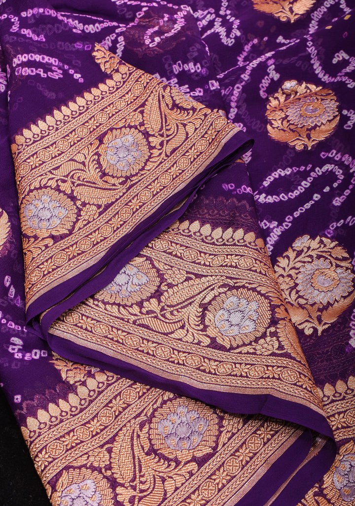 Purple Authentic Sarkam Bandhej Silk Georgette Saree with Alfi Sona Rupa Border and buttas | SILK MARK CERTIFIED