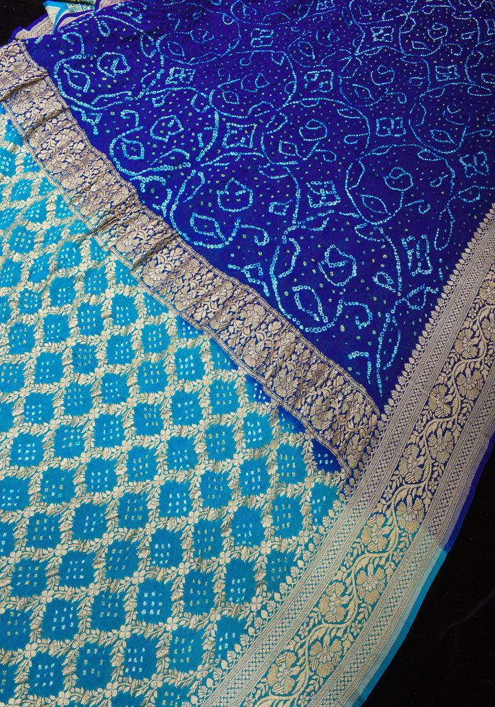 Blue Half and Half Exquisite Bandhni Saree with Jaal zari and Sarkam Bandhej | SILK MARK CERTIFIED