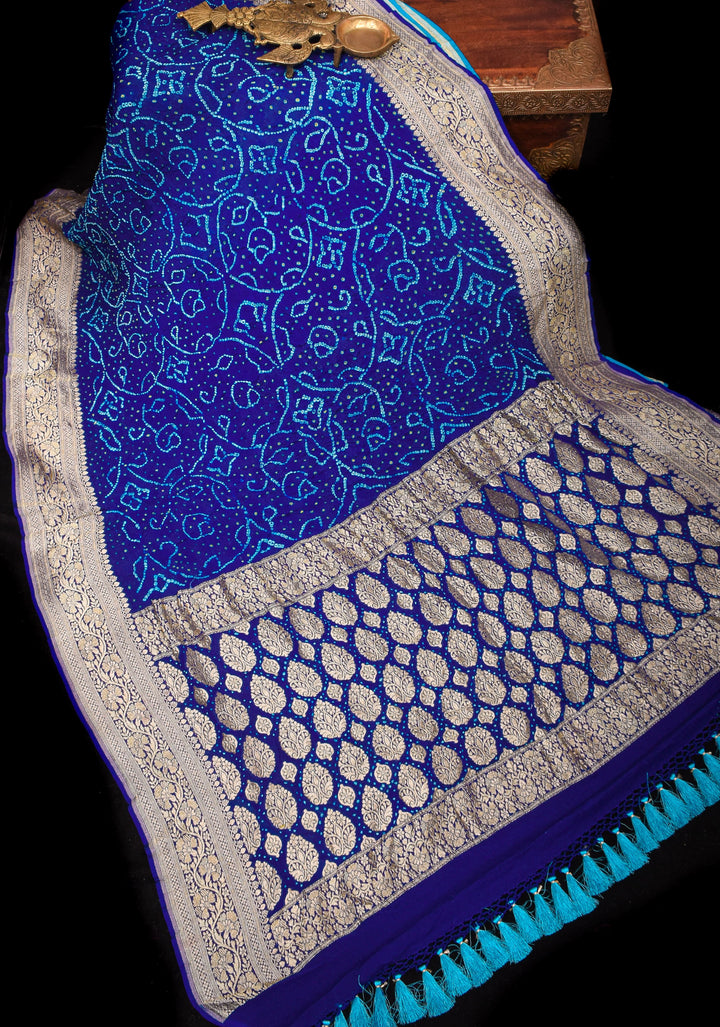 Blue Half and Half Exquisite Bandhni Saree with Jaal zari and Sarkam Bandhej | SILK MARK CERTIFIED