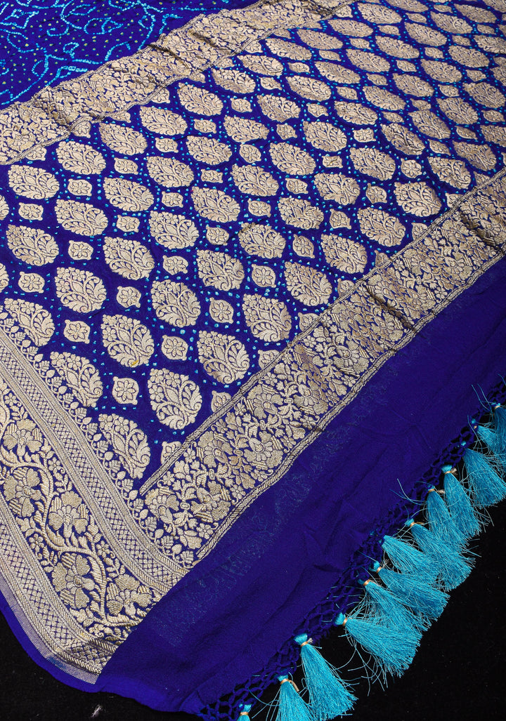 Blue Half and Half Exquisite Bandhni Saree with Jaal zari and Sarkam Bandhej | SILK MARK CERTIFIED