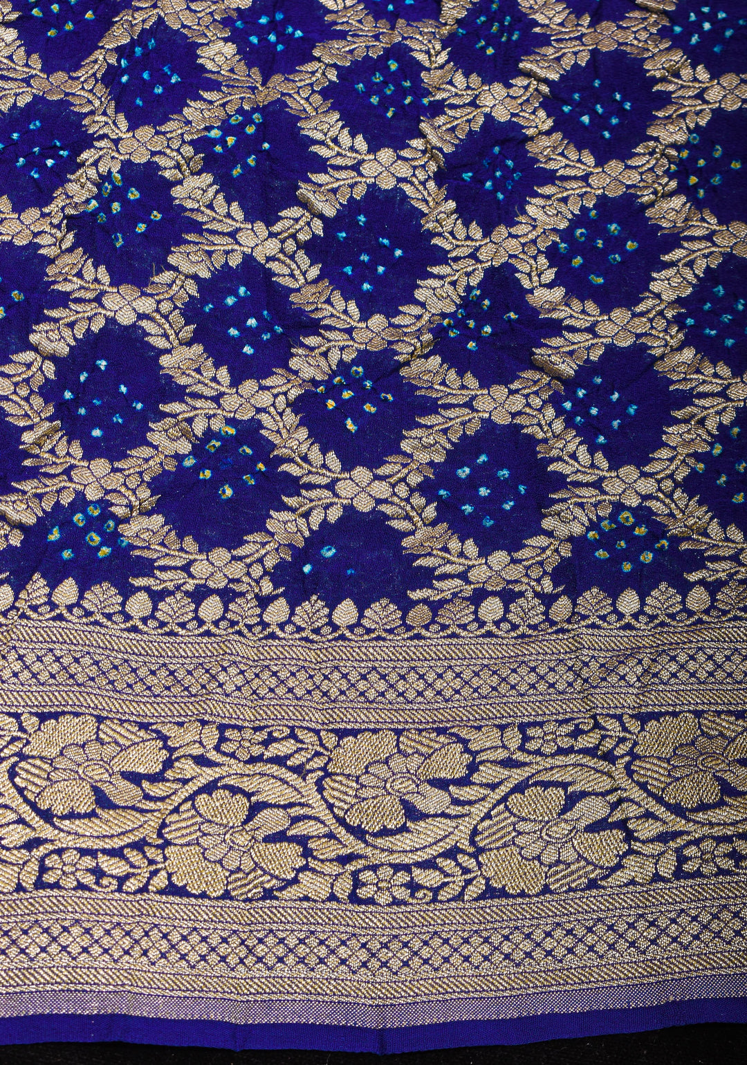 Blue Half and Half Exquisite Bandhni Saree with Jaal zari and Sarkam Bandhej | SILK MARK CERTIFIED