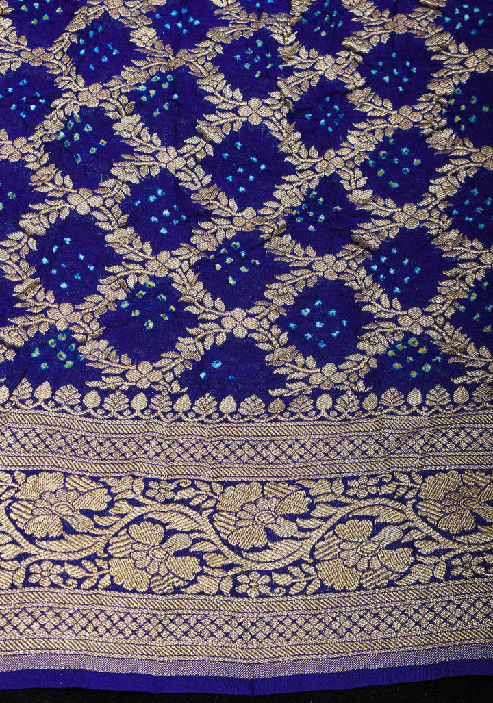 Blue Half and Half Exquisite Bandhni Saree with Jaal zari and Sarkam Bandhej | SILK MARK CERTIFIED