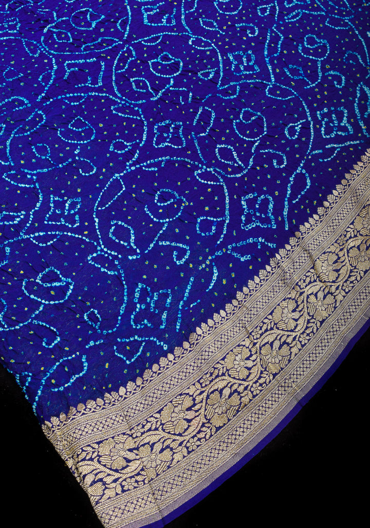 Blue Half and Half Exquisite Bandhni Saree with Jaal zari and Sarkam Bandhej | SILK MARK CERTIFIED