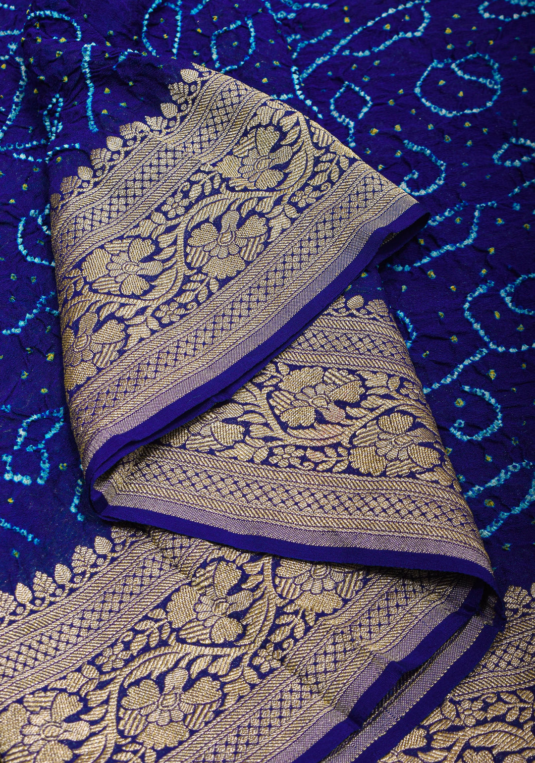 Blue Half and Half Exquisite Bandhni Saree with Jaal zari and Sarkam Bandhej | SILK MARK CERTIFIED