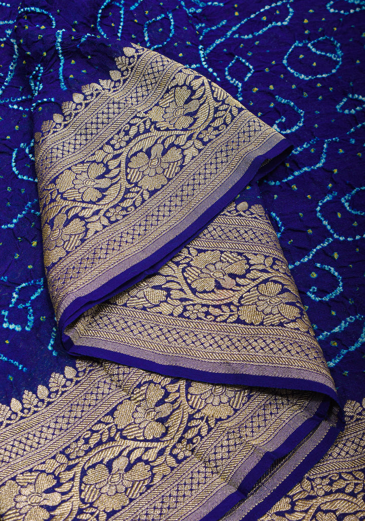 Blue Half and Half Exquisite Bandhni Saree with Jaal zari and Sarkam Bandhej | SILK MARK CERTIFIED