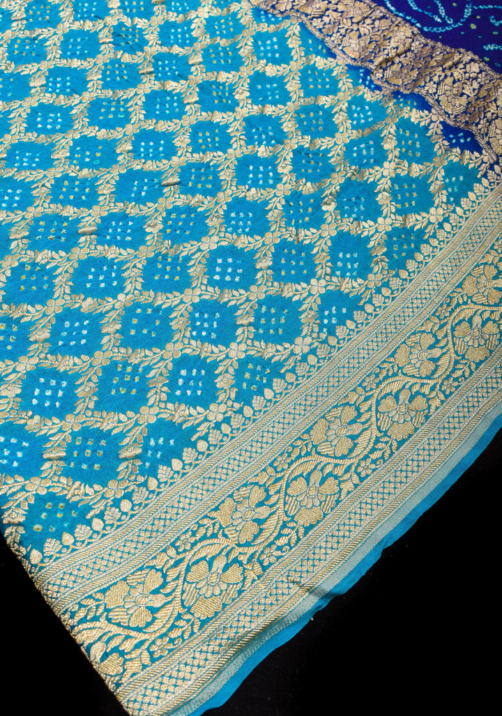 Blue Half and Half Exquisite Bandhni Saree with Jaal zari and Sarkam Bandhej | SILK MARK CERTIFIED