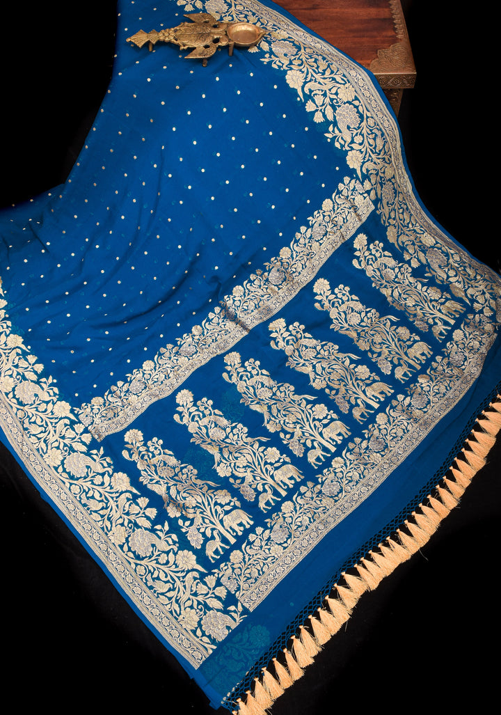Prussian Blue Pure Silk Georgette Saree with Shikaargah Borders and Tree of Life pallu | SILK MARK CERTIFIED