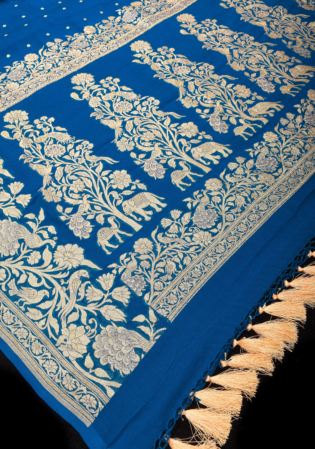 Prussian Blue Pure Silk Georgette Saree with Shikaargah Borders and Tree of Life pallu | SILK MARK CERTIFIED