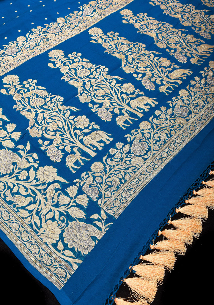 Prussian Blue Pure Silk Georgette Saree with Shikaargah Borders and Tree of Life pallu | SILK MARK CERTIFIED