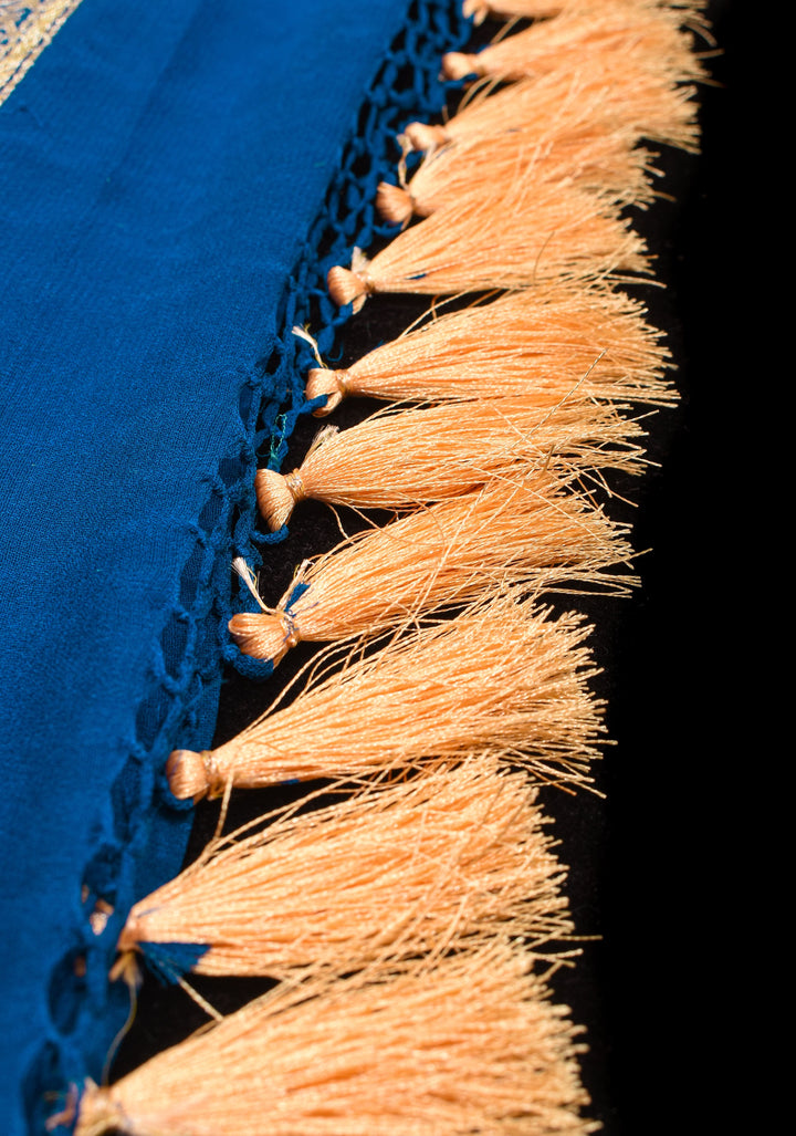 Prussian Blue Pure Silk Georgette Saree with Shikaargah Borders and Tree of Life pallu | SILK MARK CERTIFIED
