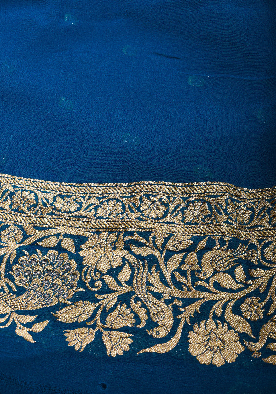 Prussian Blue Pure Silk Georgette Saree with Shikaargah Borders and Tree of Life pallu | SILK MARK CERTIFIED