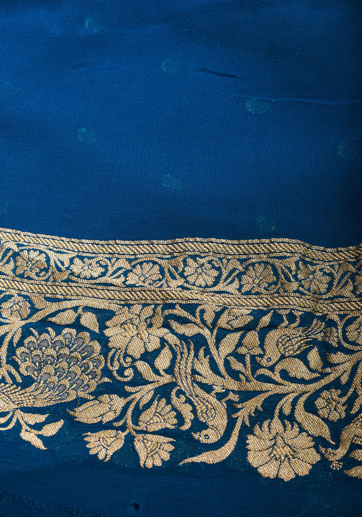Prussian Blue Pure Silk Georgette Saree with Shikaargah Borders and Tree of Life pallu | SILK MARK CERTIFIED