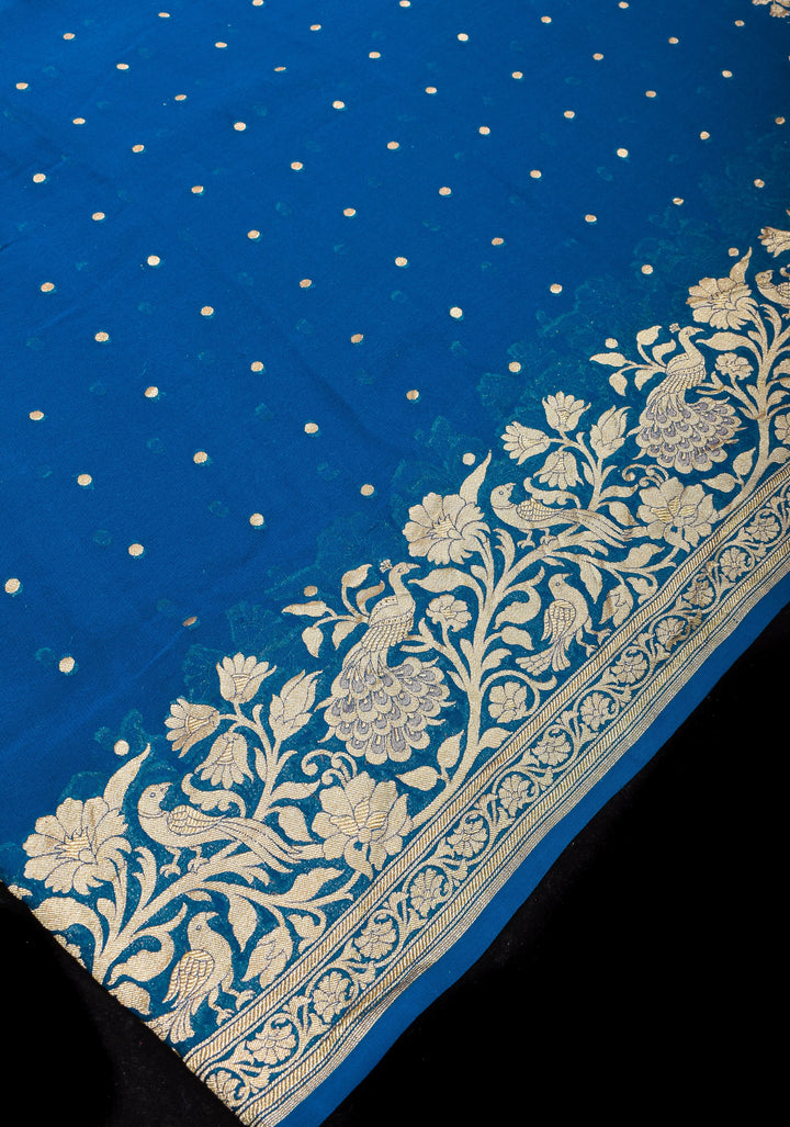 Prussian Blue Pure Silk Georgette Saree with Shikaargah Borders and Tree of Life pallu | SILK MARK CERTIFIED