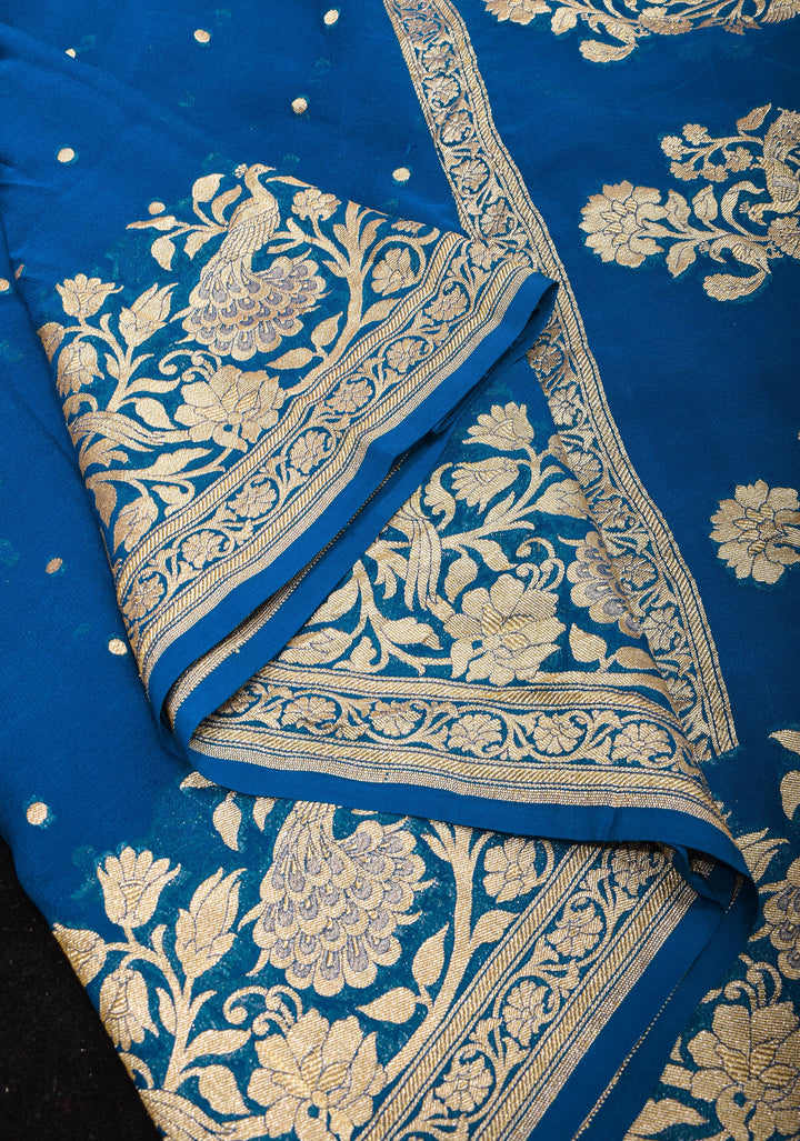 Prussian Blue Pure Silk Georgette Saree with Shikaargah Borders and Tree of Life pallu | SILK MARK CERTIFIED