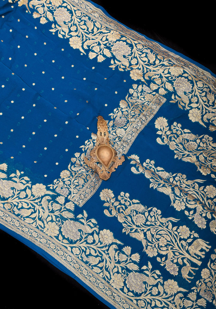 Prussian Blue Pure Silk Georgette Saree with Shikaargah Borders and Tree of Life pallu | SILK MARK CERTIFIED
