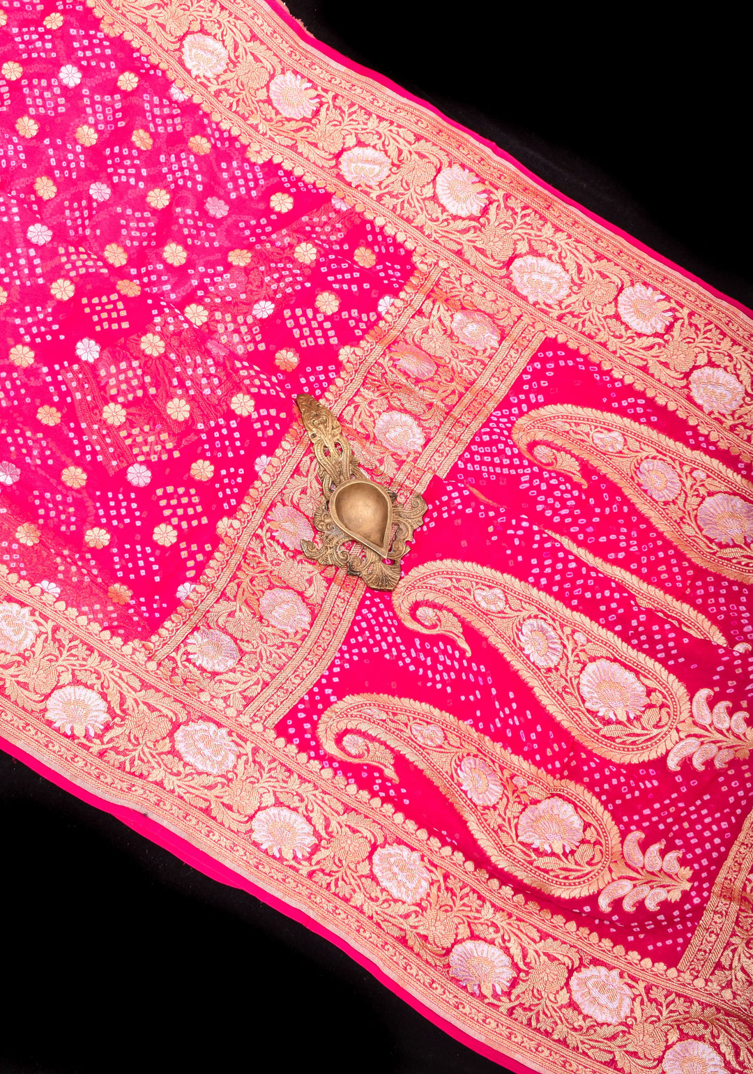 Sarkam Bandhej and Half Zari Butti Pure Silk Georgette Banarasi Saree in Hot Pink with alfi borders | SILK MARK CERTIFIED