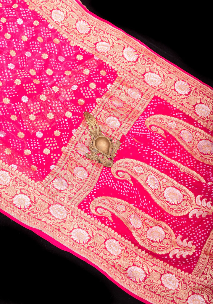 Sarkam Bandhej and Half Zari Butti Pure Silk Georgette Banarasi Saree in Hot Pink with alfi borders | SILK MARK CERTIFIED
