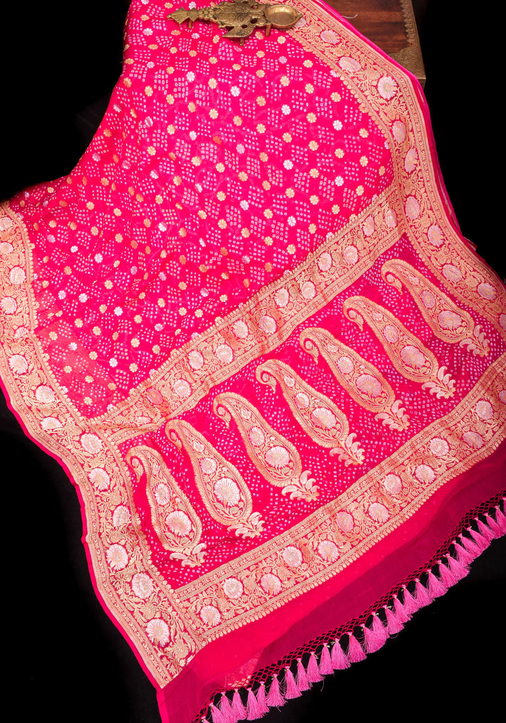Sarkam Bandhej and Half Zari Butti Pure Silk Georgette Banarasi Saree in Hot Pink with alfi borders | SILK MARK CERTIFIED