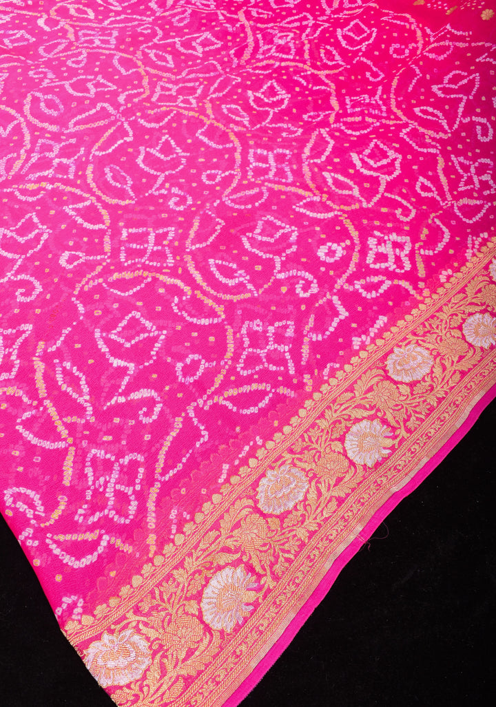 Sarkam Bandhej and Half Zari Butti Pure Silk Georgette Banarasi Saree in Hot Pink with alfi borders | SILK MARK CERTIFIED