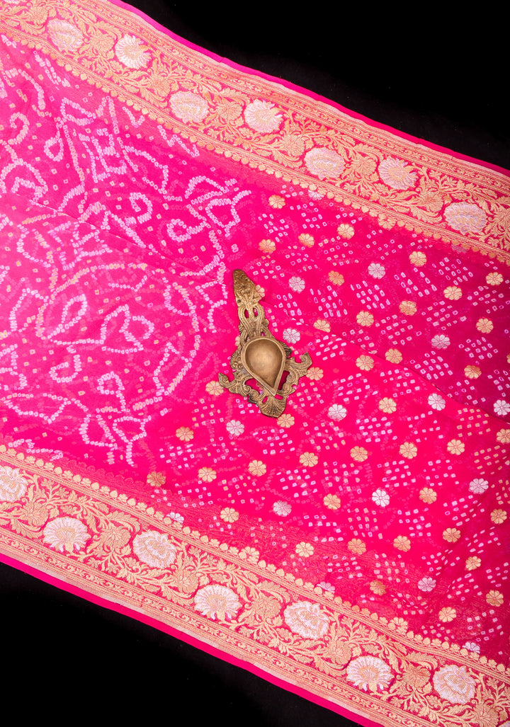 Sarkam Bandhej and Half Zari Butti Pure Silk Georgette Banarasi Saree in Hot Pink with alfi borders | SILK MARK CERTIFIED