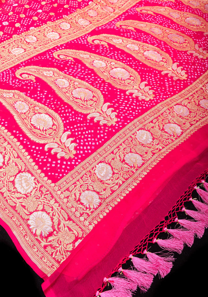 Sarkam Bandhej and Half Zari Butti Pure Silk Georgette Banarasi Saree in Hot Pink with alfi borders | SILK MARK CERTIFIED