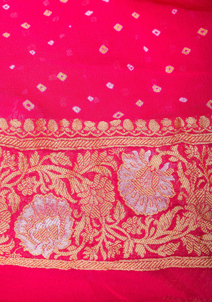 Sarkam Bandhej and Half Zari Butti Pure Silk Georgette Banarasi Saree in Hot Pink with alfi borders | SILK MARK CERTIFIED