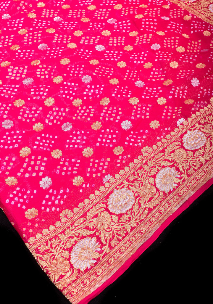 Sarkam Bandhej and Half Zari Butti Pure Silk Georgette Banarasi Saree in Hot Pink with alfi borders | SILK MARK CERTIFIED