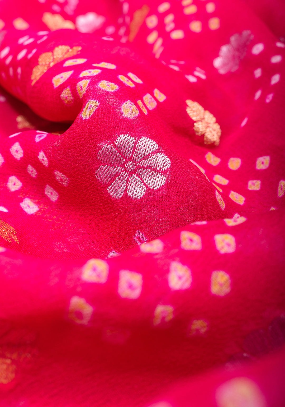 Sarkam Bandhej and Half Zari Butti Pure Silk Georgette Banarasi Saree in Hot Pink with alfi borders | SILK MARK CERTIFIED