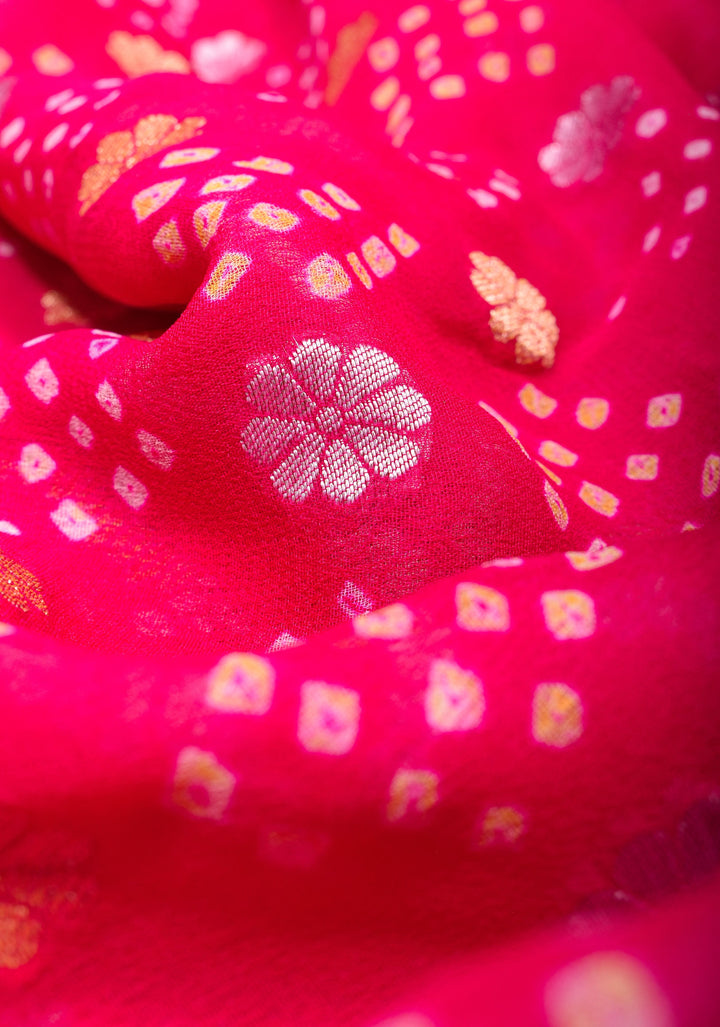 Sarkam Bandhej and Half Zari Butti Pure Silk Georgette Banarasi Saree in Hot Pink with alfi borders | SILK MARK CERTIFIED