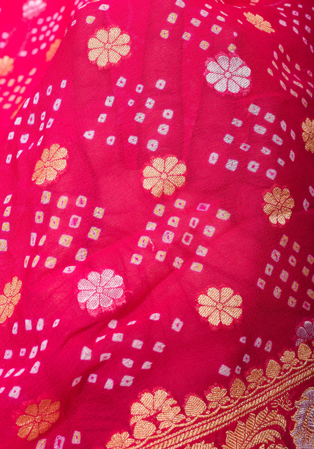 Sarkam Bandhej and Half Zari Butti Pure Silk Georgette Banarasi Saree in Hot Pink with alfi borders | SILK MARK CERTIFIED