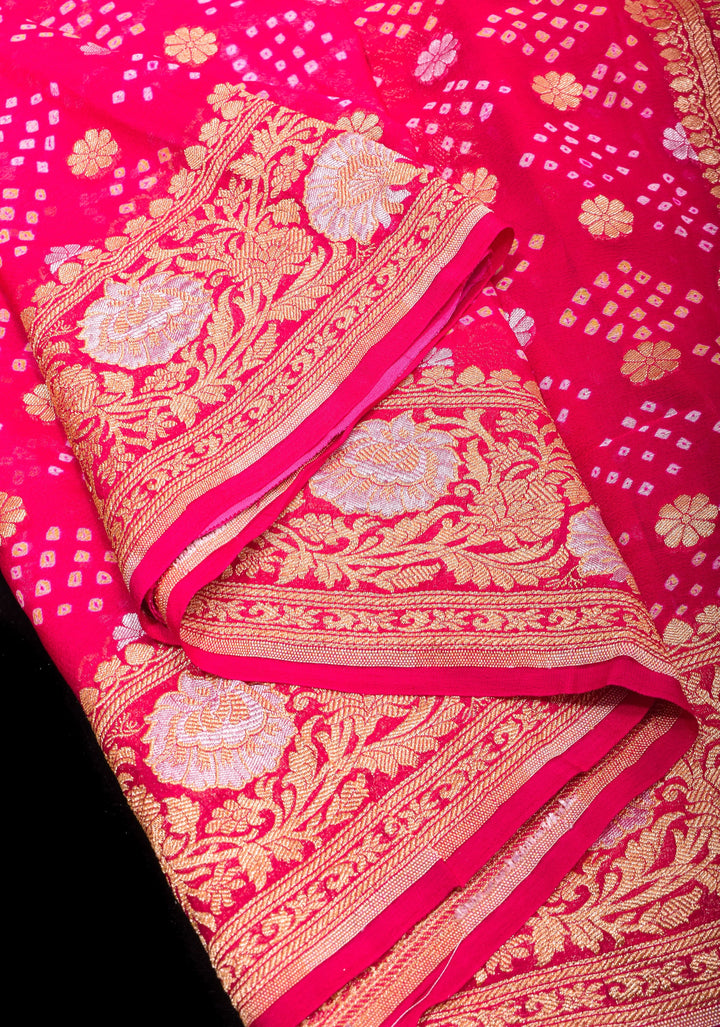 Sarkam Bandhej and Half Zari Butti Pure Silk Georgette Banarasi Saree in Hot Pink with alfi borders | SILK MARK CERTIFIED