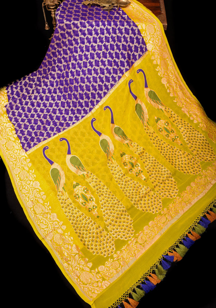 Purple Banarasi Silk Georgette Saree with Jaal Zari and Resplendent Peacock Meenakari Pallu | SILK MARK CERTIFIED