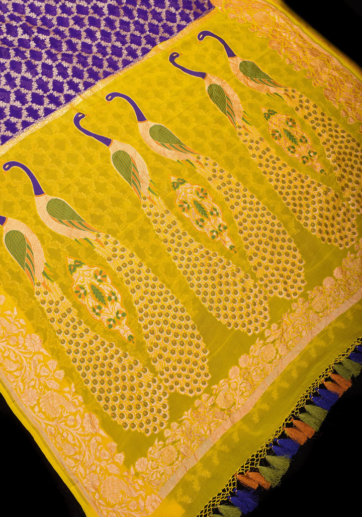 Purple Banarasi Silk Georgette Saree with Jaal Zari and Resplendent Peacock Meenakari Pallu | SILK MARK CERTIFIED