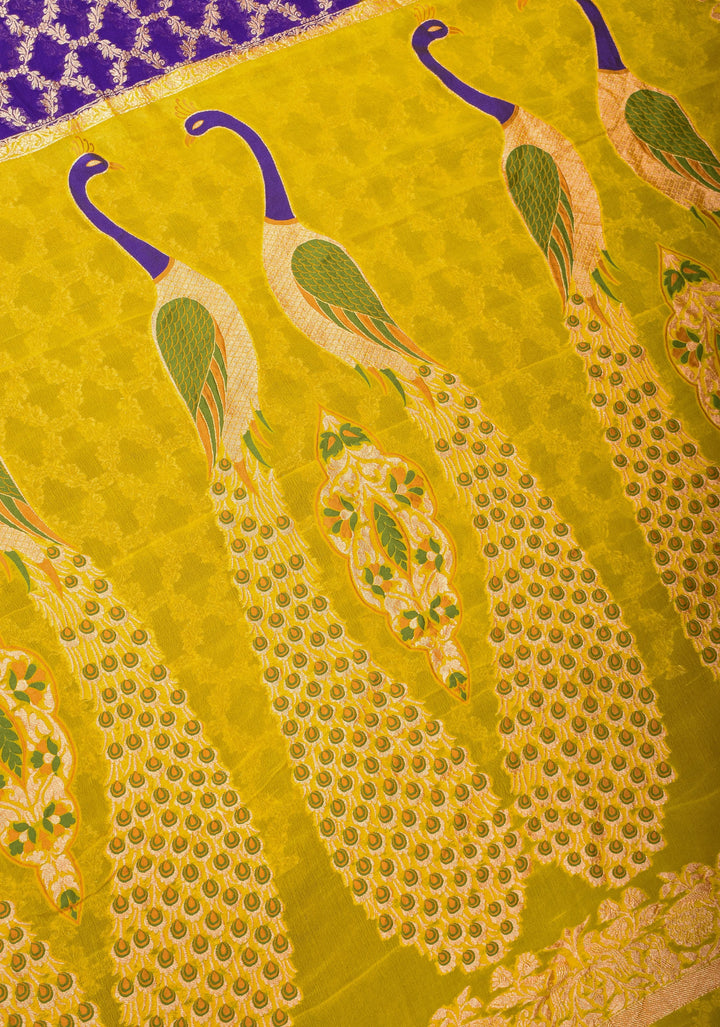 Purple Banarasi Silk Georgette Saree with Jaal Zari and Resplendent Peacock Meenakari Pallu | SILK MARK CERTIFIED