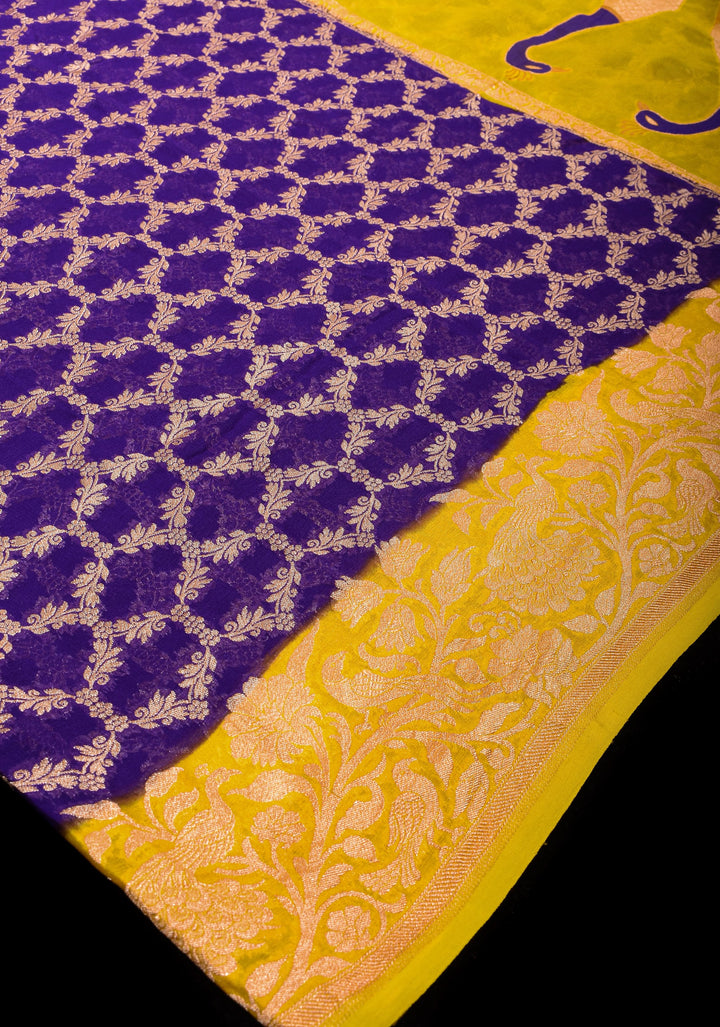 Purple Banarasi Silk Georgette Saree with Jaal Zari and Resplendent Peacock Meenakari Pallu | SILK MARK CERTIFIED